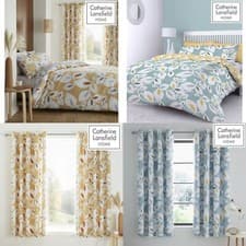 Image of Catherine Lansfield Inga Leaf Skandi Patterned Duvet Cover Set / Eyelet Curtains
