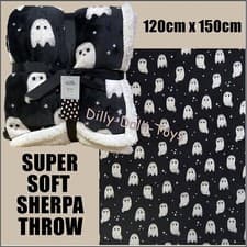 Image of Black & White Ghost Sherpa Throw Blanket 120cm x 150cm Super Soft Halloween Goth