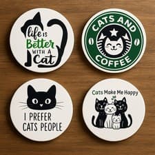 Image of CATS coaster set of 4 with holder. Cat Lovers Galore