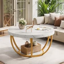 Image of Modern Round Coffee Table, 2-Tier Circle Center Table with Faux White Marble