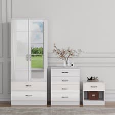Image of 3 Piece Gloss White Bedroom Furniture Bedside Table Wardrobe Set Chest of Drawer
