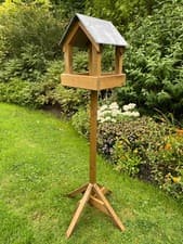 Image of Minster Wooden Bird Table Slate Roof Garden Wood Feeding Stand Station Table