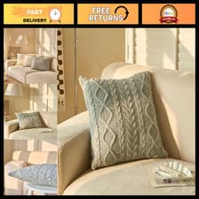 Image of Cozy Grey Knit Throw Pillow Cover - Decorative Cable Braid & Diamond Design, 18x