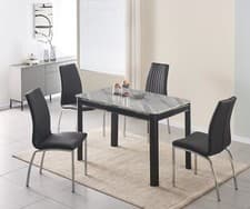 Image of Dining Table Set Grey Marble Effect Glass Top Metal Frame 4 Faux Leather Chairs