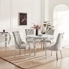 Image of Skye Round White Marble Effect Dining Table & 4 Grey Velvet Belgravia Chairs
