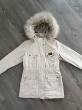 Image of Girls Beige Barbour Lightweight  Jacket with Fur lined Hood UK Size 10/11