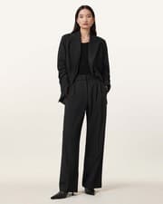 Image of AllSaints Women's Wide-Leg Pinstripe Trousers Black Size 6 Relaxed Fit Buttoned