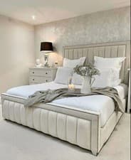 Image of Border Strip Panel Upholstered Bed | Wingback Scroll Sleigh | Double Frame
