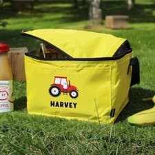 Image of Personalised Kids Tractor Lunch Bag Custom Name Yellow Insulated Cooler Bag