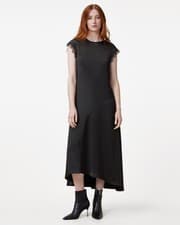 Image of AllSaints Women's Lyra Lace Trim A-Line Midi Dress Black Hi-Low Satin Size 14