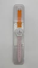 Image of Swatch Gent Artist Special Duet Watch Orange & Pink Strap White Dial Rare New