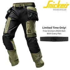 Image of Snickers Slim Fit Stretch Cargo Work Trousers Holster Pockets Black Green 6218