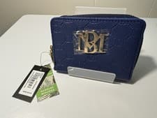 Image of Badgley Mischka Zip Around Wallet Electric Blue Monogram Vegan Leather NWT Glam