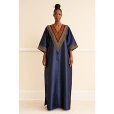 Image of Blue  Long Mikado Silk Gown With Aso Oke Patch V Neck Line With S Pockets