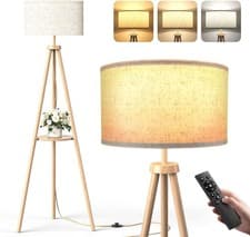 Image of YICAIZI Tripod Floor Lamp with Storage Shelves - 12W Solid Wooden Standing Lamp
