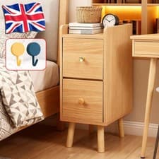 Image of Slim Wood Bedside Table Narrow Cabinet Bedroom Nightstand w/ Drawers & High Legs