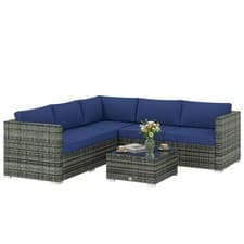 Image of Outsunny 4 Pieces Rattan Garden Furniture Sofa Set with Coffee Table Blue