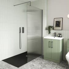 Image of Nuie Fluted Wet Room Screen 1850mm with Support Bar 8mm Glass Brushed Pewter