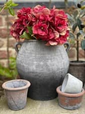 Image of Rustic Urn Vase, Wide Stone Grey Pot with Handles, Large Dry Flower Vase Jar