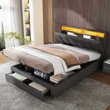 Image of 4ft6 Upholstered Double Bed Frame Ottoman Storage Bed with Drawers & LED Lights
