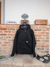 Image of Carhartt Active Jacket Lined Canvas Workwear Coat Black Size Small Hood