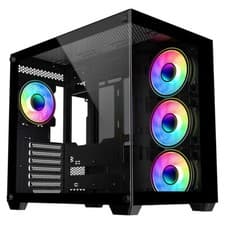 Image of CiT Vision Black Mid ATX Gaming Cube PC Case Tempered Glass Panels 4x LED Fans