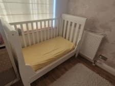 Image of Babymore Eva Sleigh Cot Bed Drop Side with Drawer White