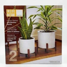Image of Inside Outside Ceramic Plant Pots with Bamboo Stands Set of 2 Planters