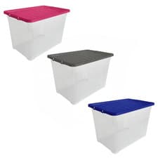 Image of 80L Plastic Storage Boxes with Colour Lids Quality Stackable Home Office Kitchen