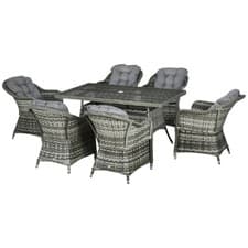 Image of 7 Piece Rattan Dining Set with Tempered Glass Table Top and Parasol Hole - Grey