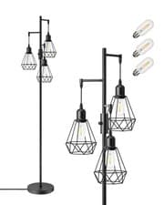 Image of EDISHINE Industrial Floor Lamp with 3 LED Bulbs, Diamond Cage Lampshade, E27