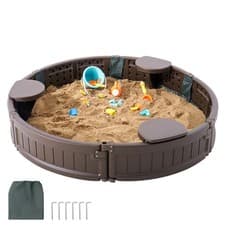 Image of Sandbox with Cover Round Sand Box HDPE Sand Pit Outdoor Backyard Ages 3-12
