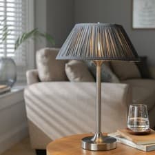 Image of Home Metal Table Lamp 50cm Pleated Fabric Shade E14 Inline Switch Silver & Grey