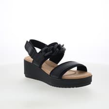 Image of Clarks Wrenly Eve 26182085 Womens Black Leather Strap Wedges Sandals Shoes
