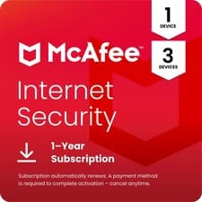 Image of McAfee Internet Security Antivirus 2026 1, 3 Device 1 Year Auto-Renewal Digital