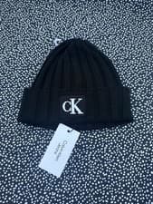 Image of Calvin Klein Black & White Logo Knitted Beanie Hat Small Unisex BNWT