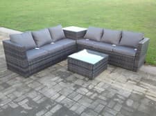 Image of Fimous 6 Seater Grey Outdoor Rattan Garden Furniture Set Corner Sofa 2 Table 