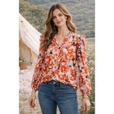 Image of NIC+ZOE Floral Ruffle Blouse Womens S Red Multi V Neck Workwear Romantic NWT