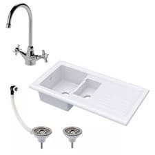 Image of Fireclay 1010mm 1.5 Bowl Inset Kitchen Sink with Drainer, Mixer Tap & Wastes in