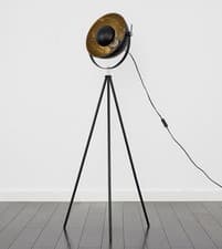 Image of Retro Tripod Floor Lamp In Black Metal Finish with Gold Interior Shade. B&Q