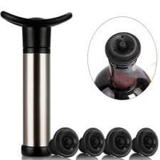 Image of Wine Saver Pump with 4 Vacuum Bottle Stoppers Stainless Steel Bottle Vacuum Save