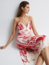 Image of REISS EBONY ABSTRACT PRINT MAXI DRESS in CORAL/IVORY