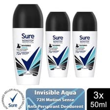 Image of 3x Sure Women Motion Sense AP Deodorant Rollon 72H Nonstop, Invisible Aqua 50ml