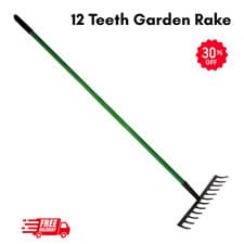 Image of 12teeth Heavy Duty Garden Rake with Long Handle Carbon Steel Lawn Soil Leaf Rake