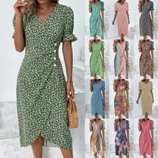 Image of Womens Floral Boho Short Sleeve Midi Dress Summer Party Holiday V Neck PLUS SIZE