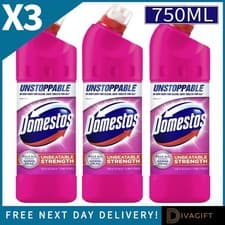 Image of 3 x DOMESTOS THICK BLEACH PINK POWER DISINFECTANT MULTI-PURPOSE CLEANER 750ML