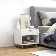 Image of White Bedside Table With Drawer & Open Compartment, Gold Accents Nightstand