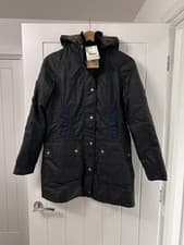 Image of Barbour Women’s Bower Hooded Wax Jacket Size UK 10 Black/Navy - RRP £350
