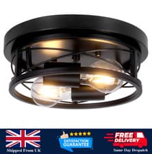 Image of Black Round E27 2-Way Flush Ceiling Light Living Room Bathroom Kitchen Hallway