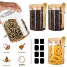 Image of Set of 4 clear Glass jars with Natural Bamboo lid Spoon Spice Tea Coffee Sugar